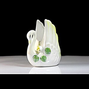 Swan Planter, Yellow Trim, Raised Flowers, Bird, Figurine, Porcelain, Collectible, Decor
