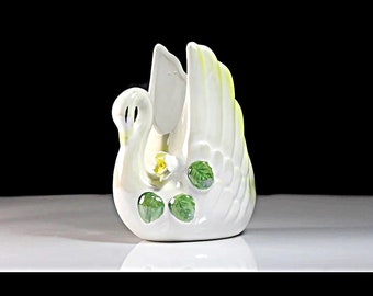 Swan Planter, Yellow Trim, Raised Flowers, Bird, Figurine, Porcelain, Collectible, Decor