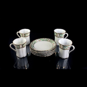 Antique Chocolate Cups and Saucers, Nippon, Noritake, Morimura,  Demitasse, Bone China, Set of 4, Gold Gilt, Hand Painted, Floral Design