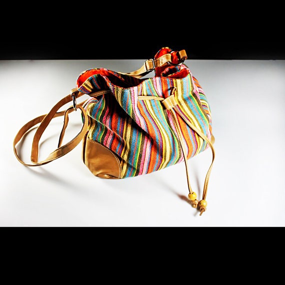 Small Striped Drawstring Handbag, Faux Leather Bottom, Orange Interior, Adjustable Strap