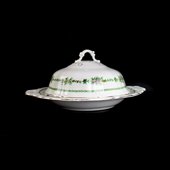 Antique Butter Dish, T & R Boote, Flemish Garland, Waterloo Potteries, Royal Semi-Porcelain, Fine China, Floral Swag, Embossed