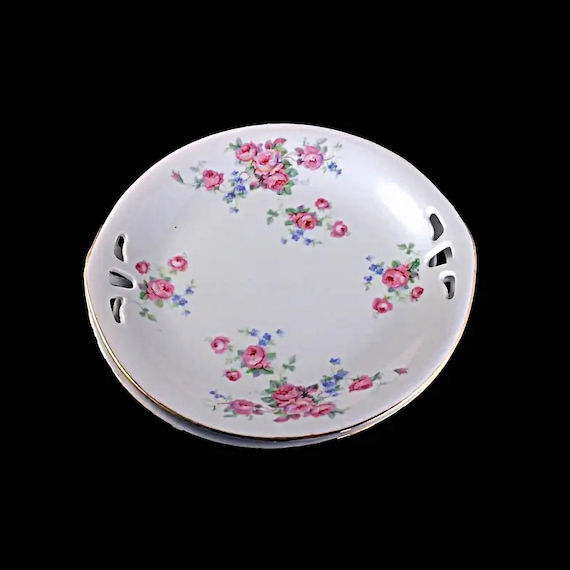 Handled Cake Plates, Germany Roman V, Rose Pattern, Gold Trim, Decorative Plates, Display Plates, Dessert Plates, Set of 2