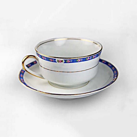 Antique Cup and Saucer, National China Company, Blue Floral Band, Teacup