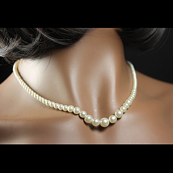 Faux Pearl Necklace, Graduated Single Strand, Box Clasp, Costume Jewelry, Wedding, Woman's Gift