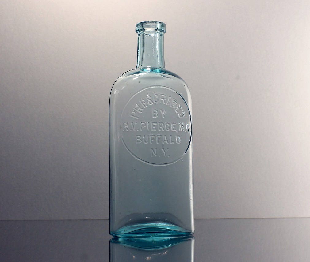 Antique Bottle, R V. Pierce. MD, Buffalo NY, Circa 1890's, Aqua, Tooled