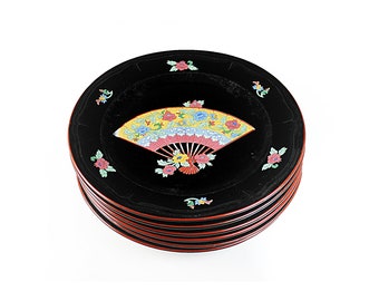 Dinner Plates, Tienshan Stoneware, Japanese Fan, Set of 6, Black