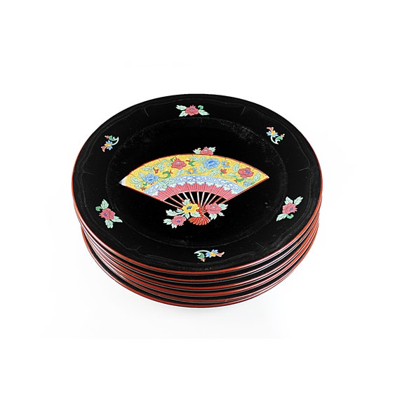 Dinner Plates, Tienshan Stoneware, Japanese Fan, Set of 6, Black