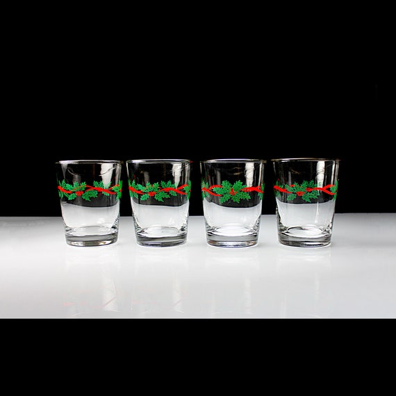 Libbey Christmas Rock Glasses, Holly and Red Ribbon, Gold Rim, Weighted Bottoms, Set of 4