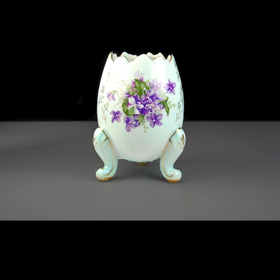 Mid-Century Japanese Cracked Egg Planter with Violets – Aqua Blue Porcelain Tripod Vase