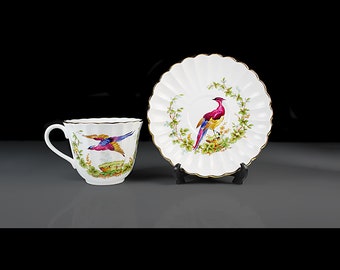 Spode Bird Teacup, Bone China, England, Scalloped Edge, Gold Trim, Hard To Find, Cup and Saucer