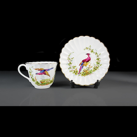 Spode Bird Teacup, Bone China, England, Scalloped Edge, Gold Trim, Hard To Find, Cup and Saucer