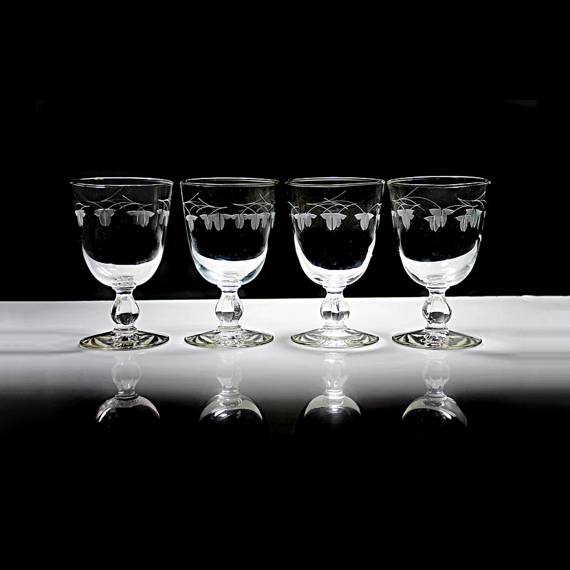 5 Vintage Etched Tall Wine Glasses ~ Water Goblets, 1950's Etched