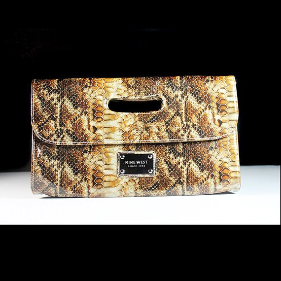 Nine West Clutch Bag, Envelope Bag, Faux Snake, Brown, Handbag, Purse