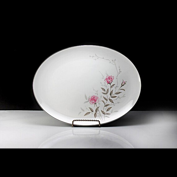 Large Oval Platter, Towne China, Roselle, 14 Inch, Pink Roses and Gray Leaves, Fine China