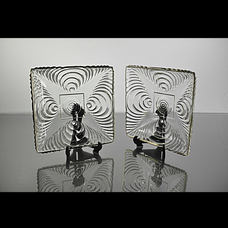 Fyrkantiga öppna godisskålar, Hazel Atlas, Art Deco-design, Depressionsglas, Set om 2, Guldkant bild 4