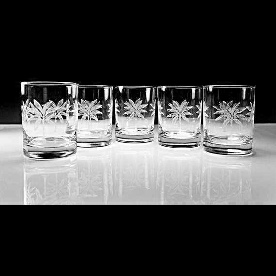 Etched Rock Glasses, Palm Trees, Gray Etched, Barware, Set of 5, 12 Ounces