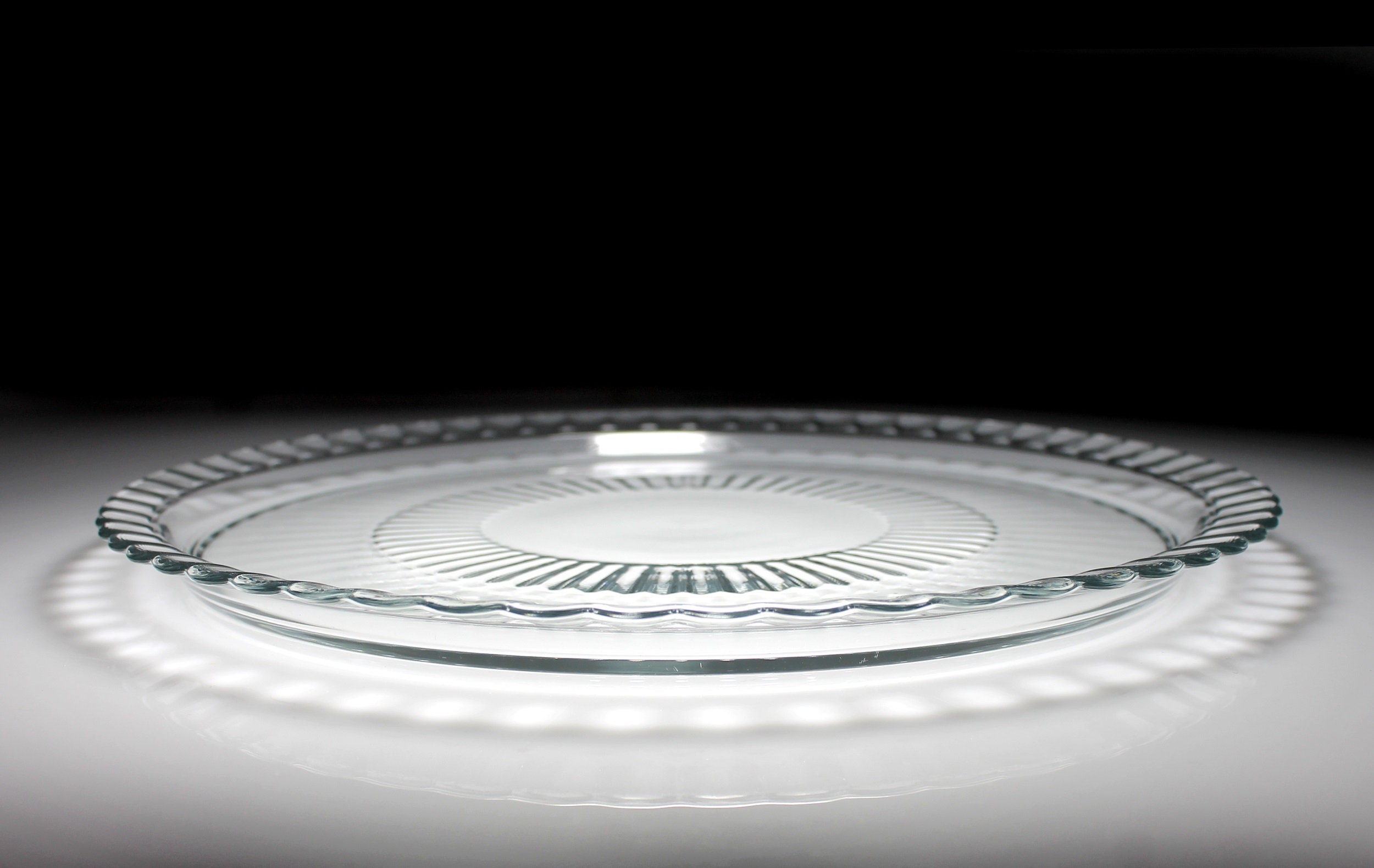 Clear Glass Sandwich Plate, Glass Platter, Ribbed, Scalloped Edge, 12