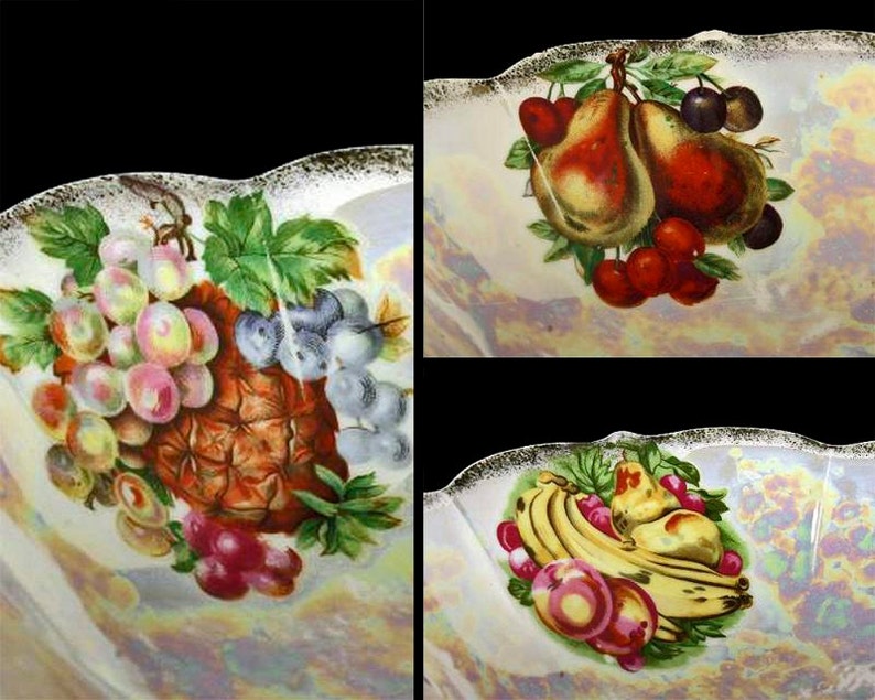 8 Inch Iridescent Opalescent Porcelain Fruit Bowl Fruit Pattern Lusterware