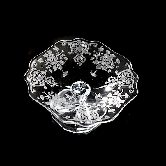 Cambridge Etched Pedestal Cheese Stand - Apple Blossom Depression Glass, Elegant Party & Tea Serving Dish