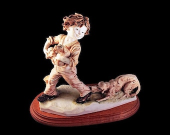 Figurine, Boy Puppies and Dog, Statue, Porcelain, Hand Painted, Wooden Base, Collectible