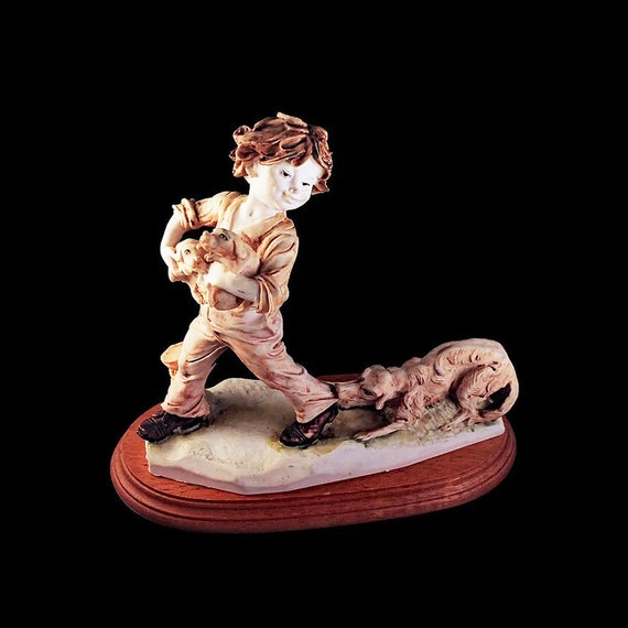 Figurine, Boy Puppies and Dog, Statue, Porcelain, Hand Painted, Wooden Base, Collectible