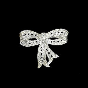 Antique Bow Brooch, Clear Rhinestones, Silver Tone, Fashion Pin, Costume Jewelry, Collectible