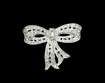 Antique Bow Brooch, Clear Rhinestones, Silver Tone, Fashion Pin, Costume Jewelry, Collectible