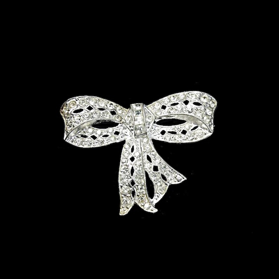 Antique Bow Brooch, Clear Rhinestones, Silver Tone, Fashion Pin, Costume Jewelry, Collectible