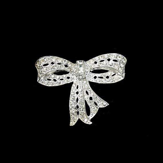 Antique Bow Brooch, Clear Rhinestones, Silver Tone, Fashion Pin, Costume Jewelry, Collectible