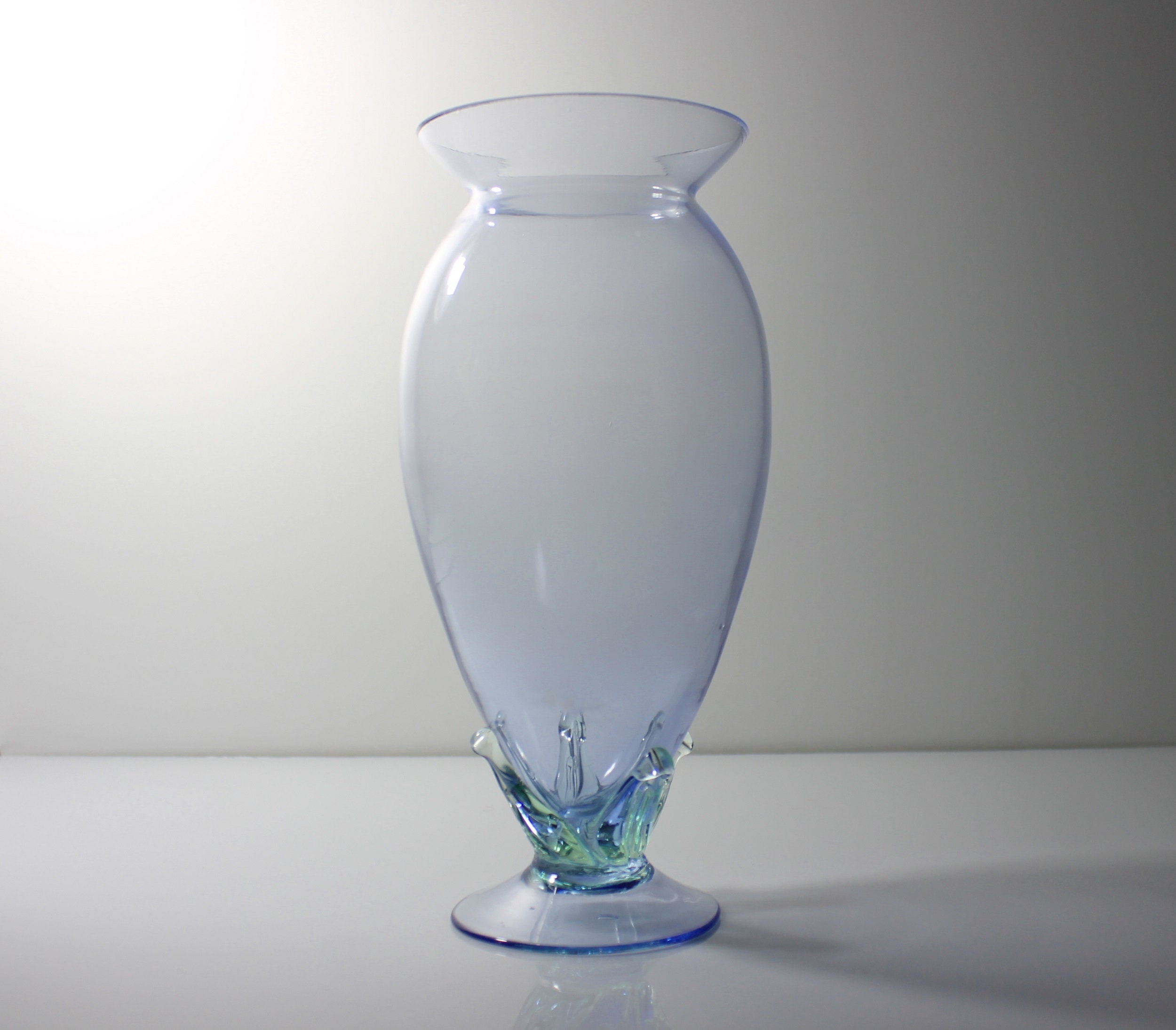 Hand Blown Art Vase, Blue with Green Leaves, Footed Vase, Art Glass, Flower Vase, Large Vase