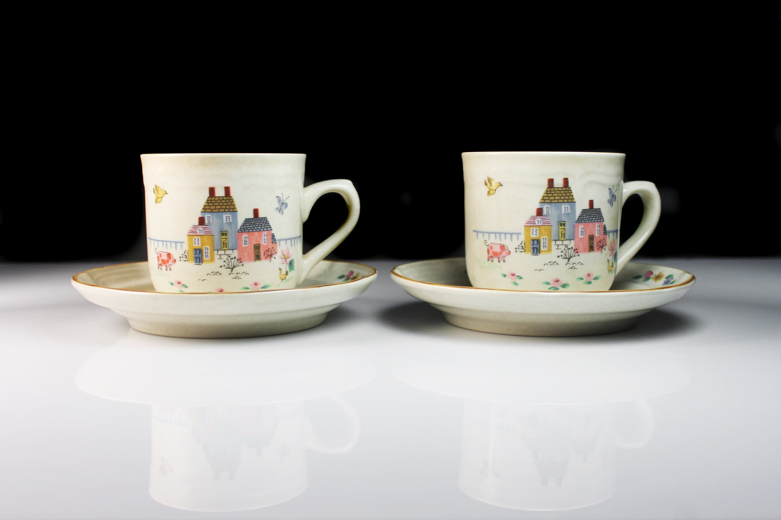 Cups and Saucers, International China, Heartland, Stoneware, Set of 2