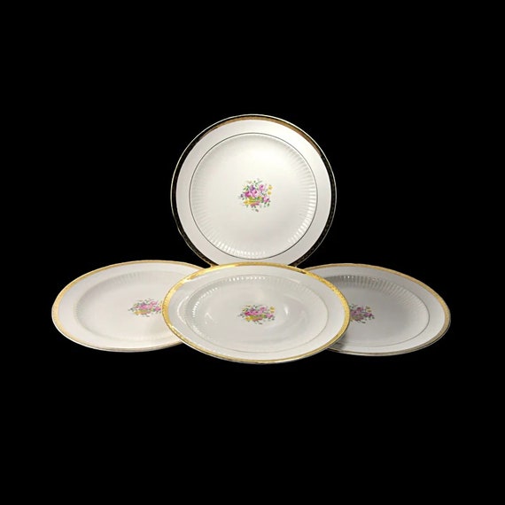 Royal USA Luncheon Plates, Floral Center, 22K Gold Trim, Fine China, Ribbed, Set of 4