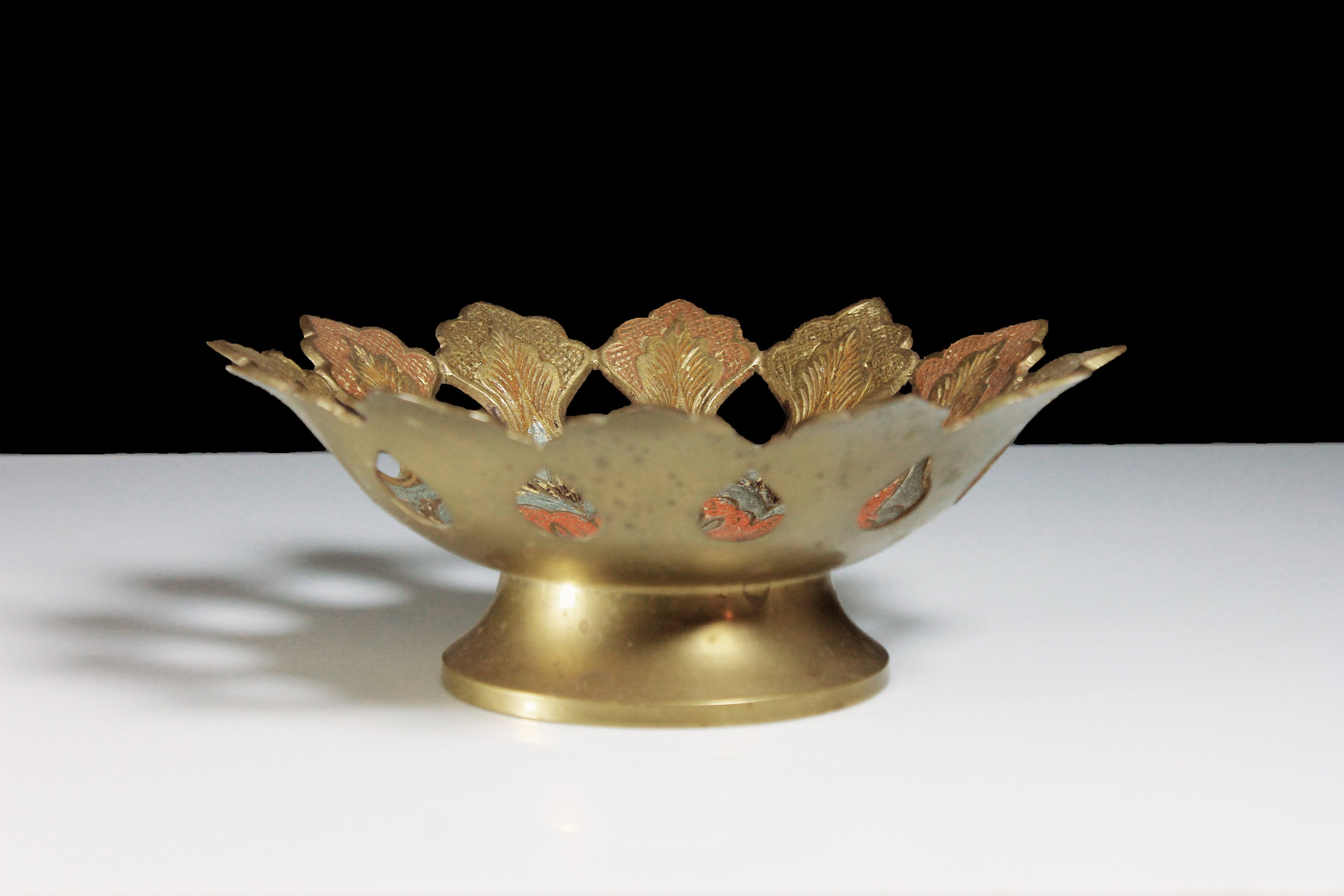 Footed Decorative Brass Bowl, Penco Industries, Made in India, Enameled, Flower Shaped, Reticulated