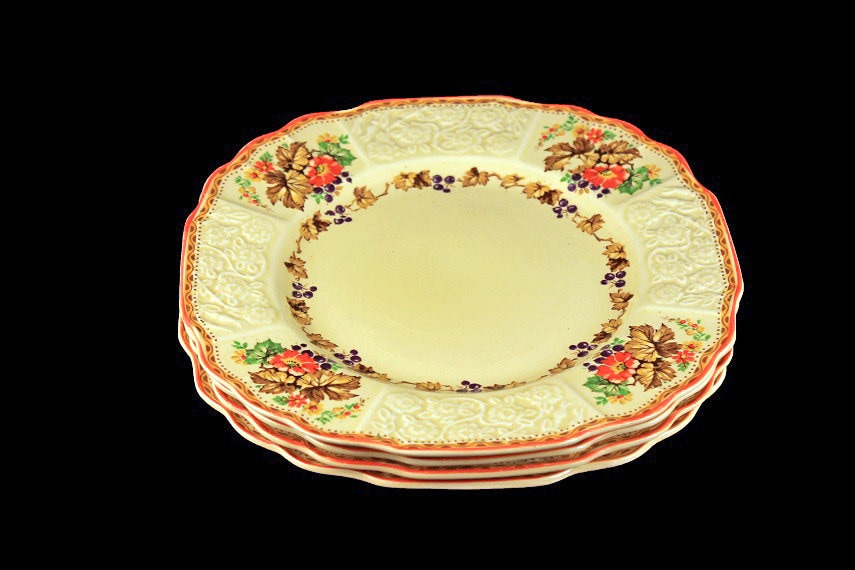 Salad Plates, Myott Staffordshire, Embossed, Grapes, Flowers, and