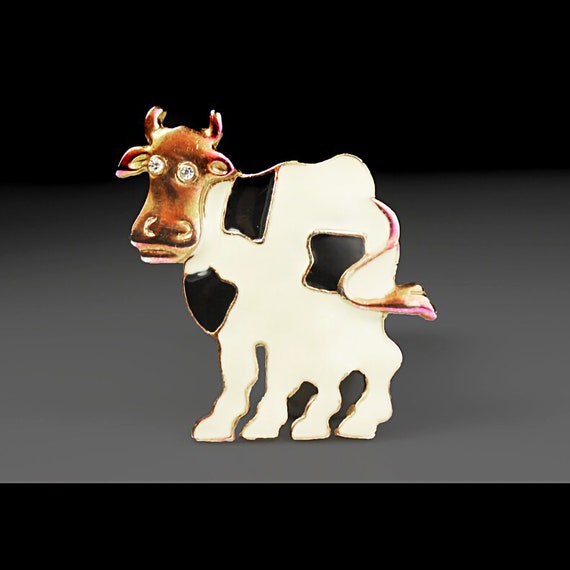 Enamel Cow Brooch, Black and White, Clear Rhinestone Eyes, Gold Trim, Collectible