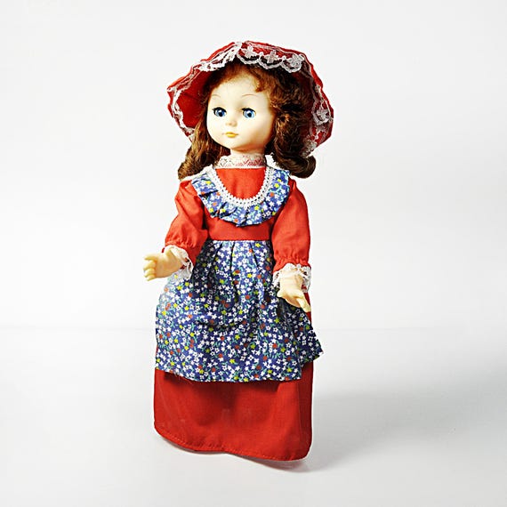 13-Inch Prairie-Style Hard Plastic Doll with Sleep Eyes - Made in Hong Kong Child's Toy