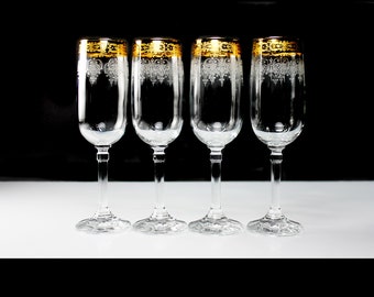 Gray Etched Champagne Flutes, Gold Stencil Band, Set of 4