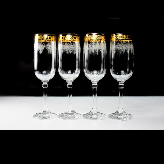 Gray Etched Champagne Flutes, Gold Stencil Band, Set of 4