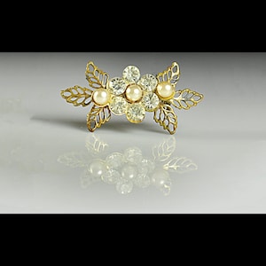 Rhinestone and Faux Pearl Brooch with Filigree Leaf Design, Tiny Gold-Tone Pin, Mid-Century Costume Jewelry