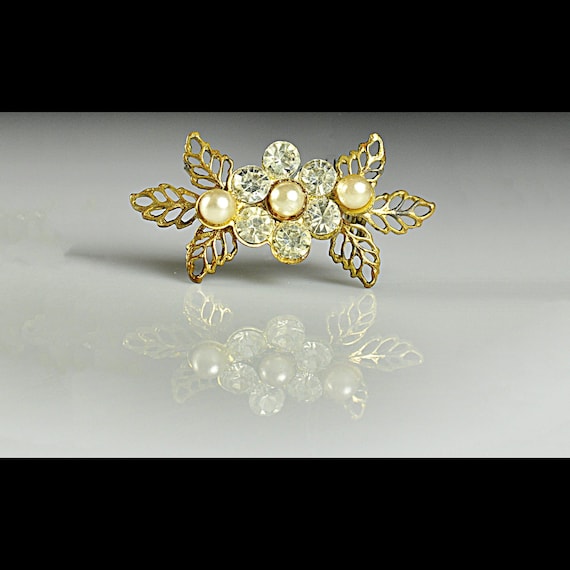 Rhinestone and Faux Pearl Brooch with Filigree Leaf Design, Tiny Gold-Tone Pin, Mid-Century Costume Jewelry