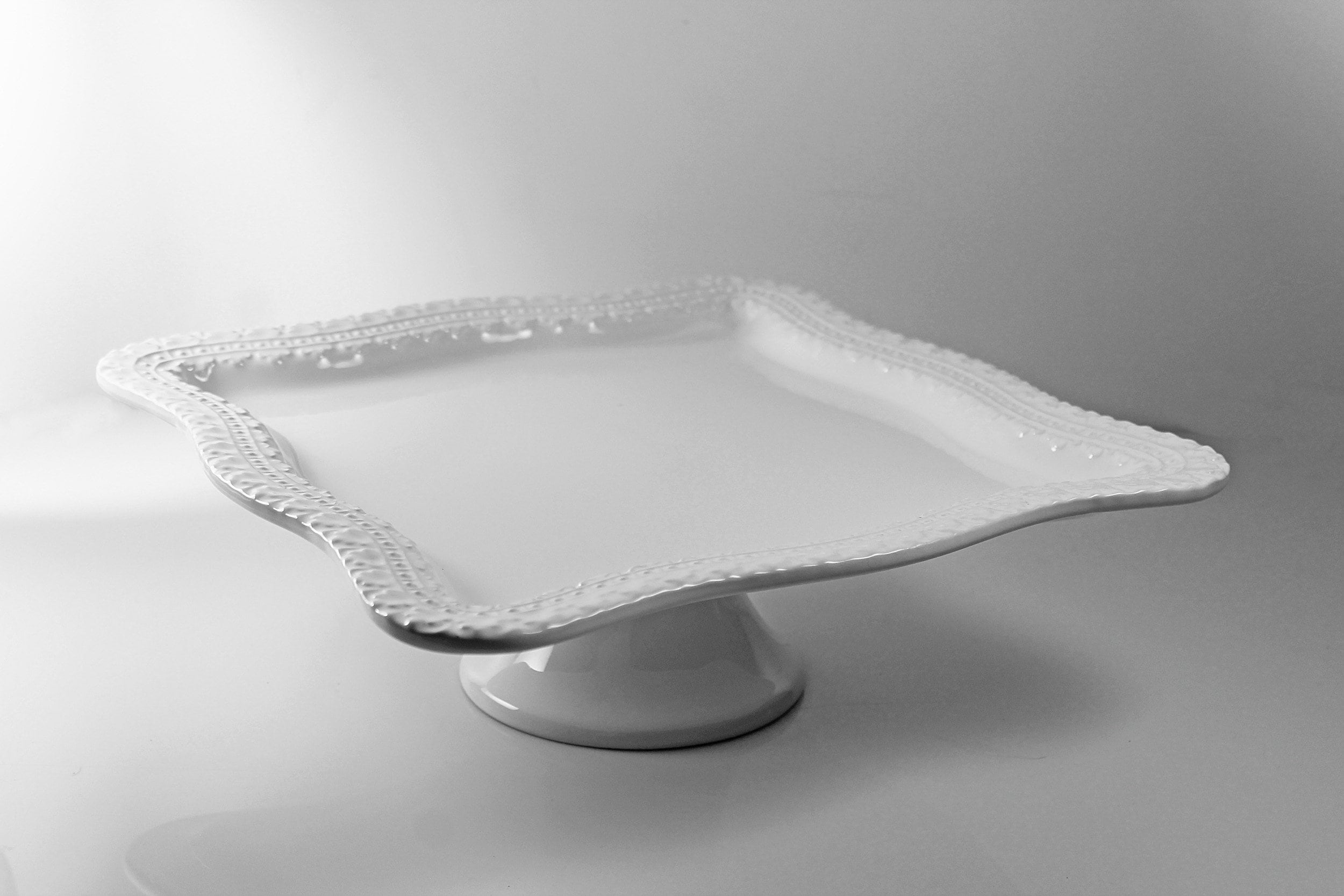 White Pedestal Cake Stand, Ceriart S. A. Portugal, Square, Embossed
