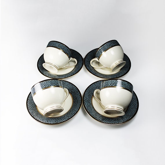 Cups and Saucers, Mikasa, Ebony Flair, Set of Four, Fine China, Discontinued