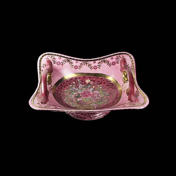 Macau Handled Decorative Bowl, Made in China, Rose Design, Pink Crackle Pattern, Large Footed Bowl