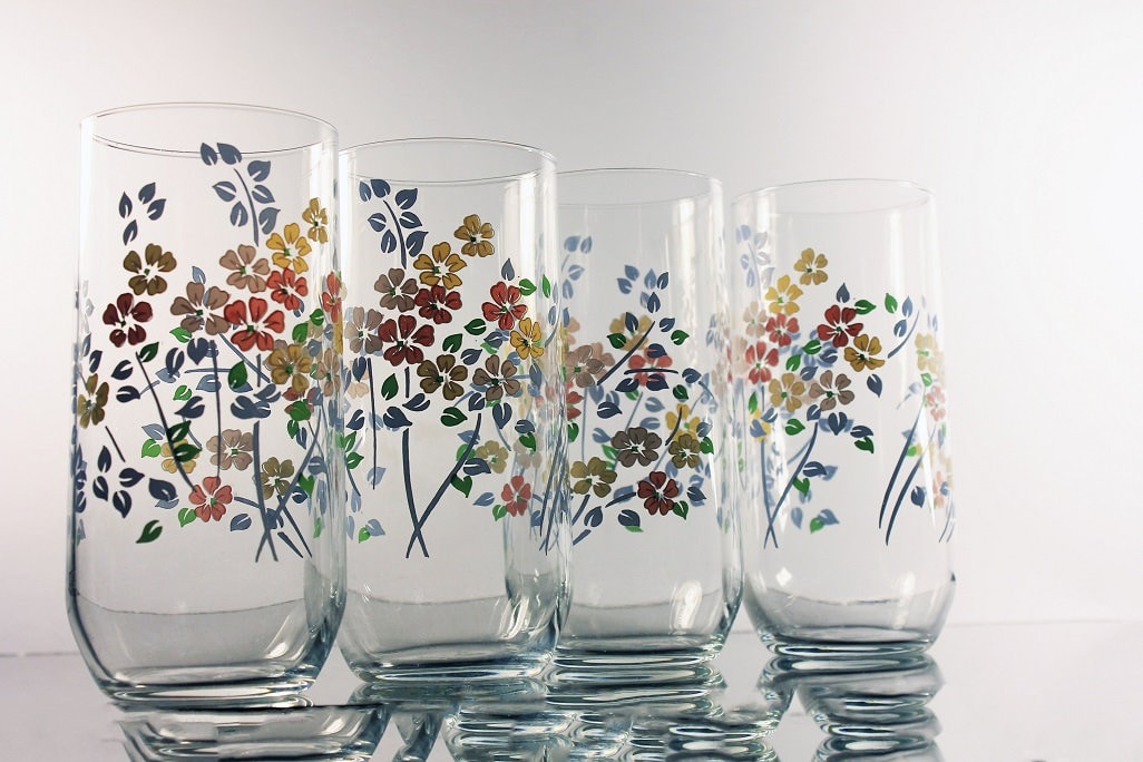 Everyday Drinking Glasses, 12 Ounce, Pink Blue Green, Floral Pattern