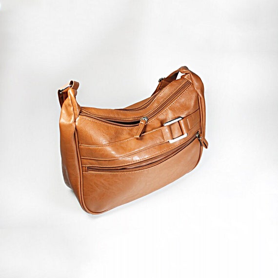 Shoulder Bag, Brown Faux Leather, Adjustable Strap, Many Compartments
