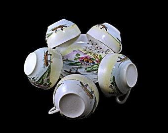 Teacup and Saucer, Mount Fuji, Eggshell Porcelain, Hand Painted, Set of 5, Made in Japan, Gold Trimmed