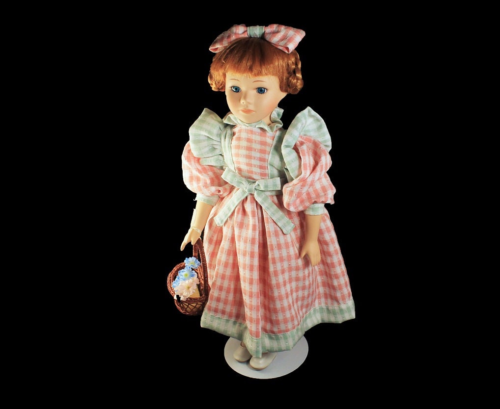 Collectible Porcelain Doll, Pink and Green Gingham Dress, Red Hair Doll