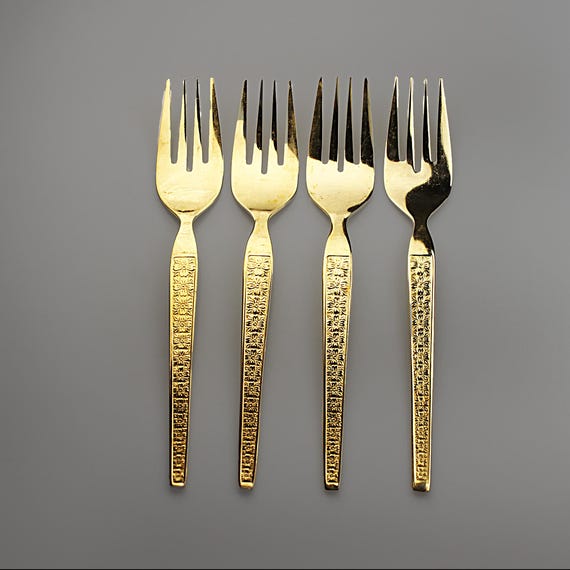 Gold Stainless Salad Forks Set of 4 – Trocadero by HF Korea – Floral Handle – Boxed Mid-Century Flatware Gift