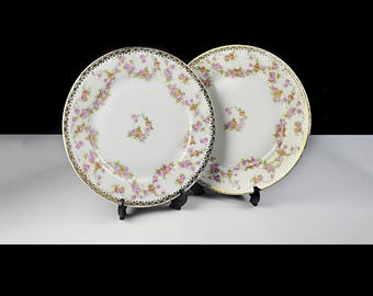 Antique Union T Czechoslovakia Bread and Butter Plates – Pink & Yellow Rose Swag with Gold Trim – Set of 2