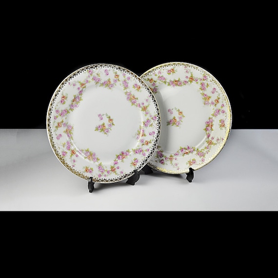 Antique Union T Czechoslovakia Bread and Butter Plates – Pink & Yellow Rose Swag with Gold Trim – Set of 2